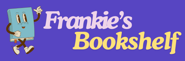  Text says Frankie's Bookshelf with a cartoon book walking and smiling, created by by Frankie Boyko